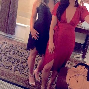 Red dress w deep v and slit